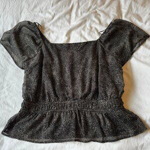 Lush Black Speckled Peplum Blouse Size XL Short Sleeve Smocked Waist